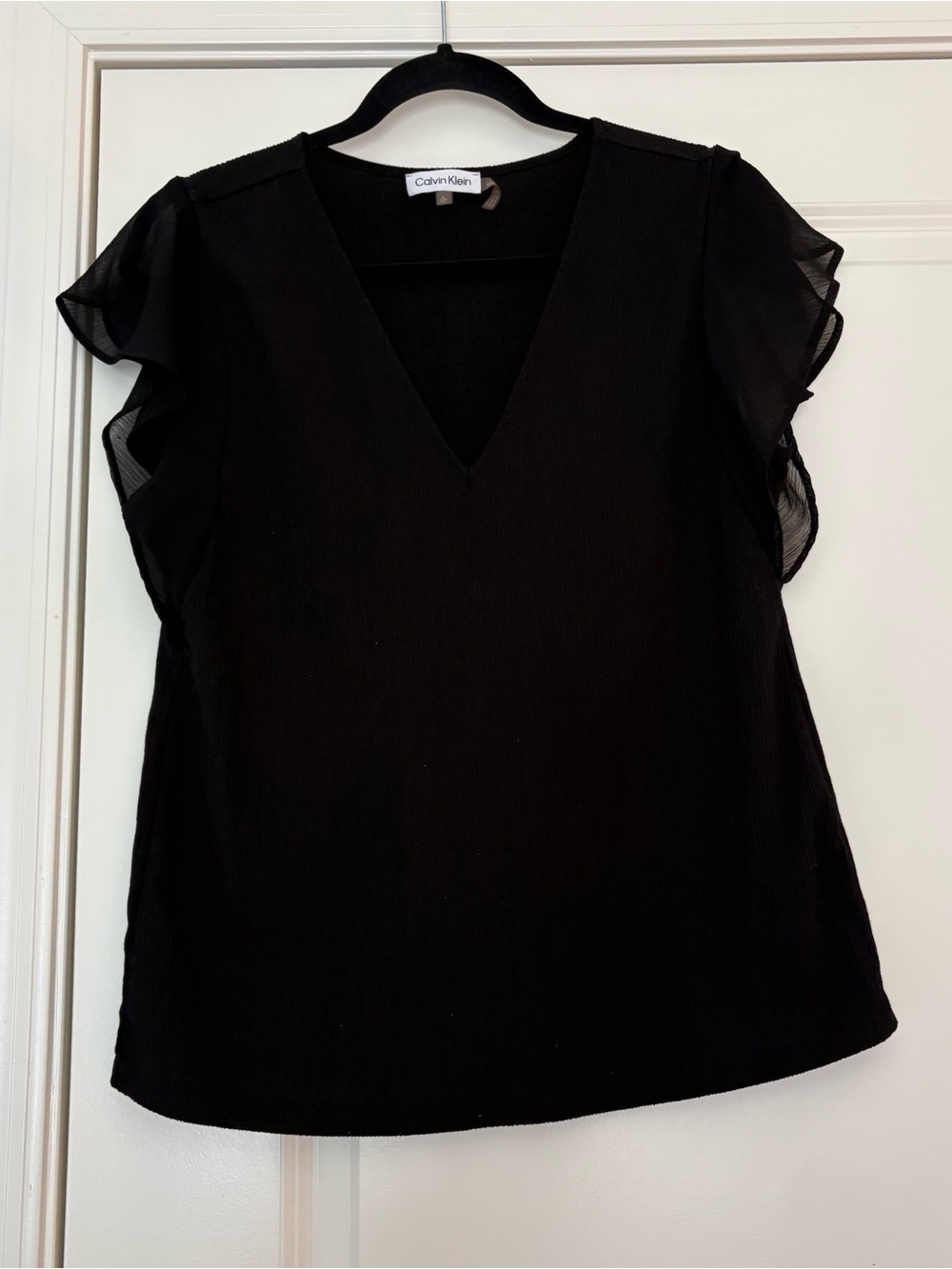 Calvin Klein Women’s Black V-Neck Flutter Sleeve Blouse - Picture 2 of 9